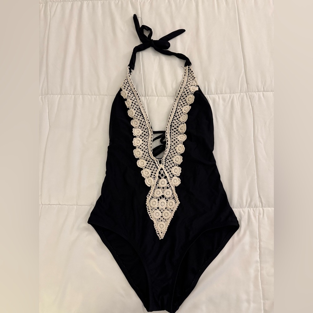 Black Crochet Detailed One Piece Swimsuit